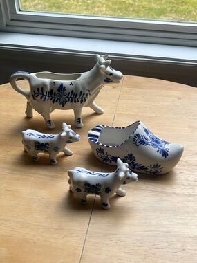 Blue and White Ceramic Cow Creamer Set by Delft blue.